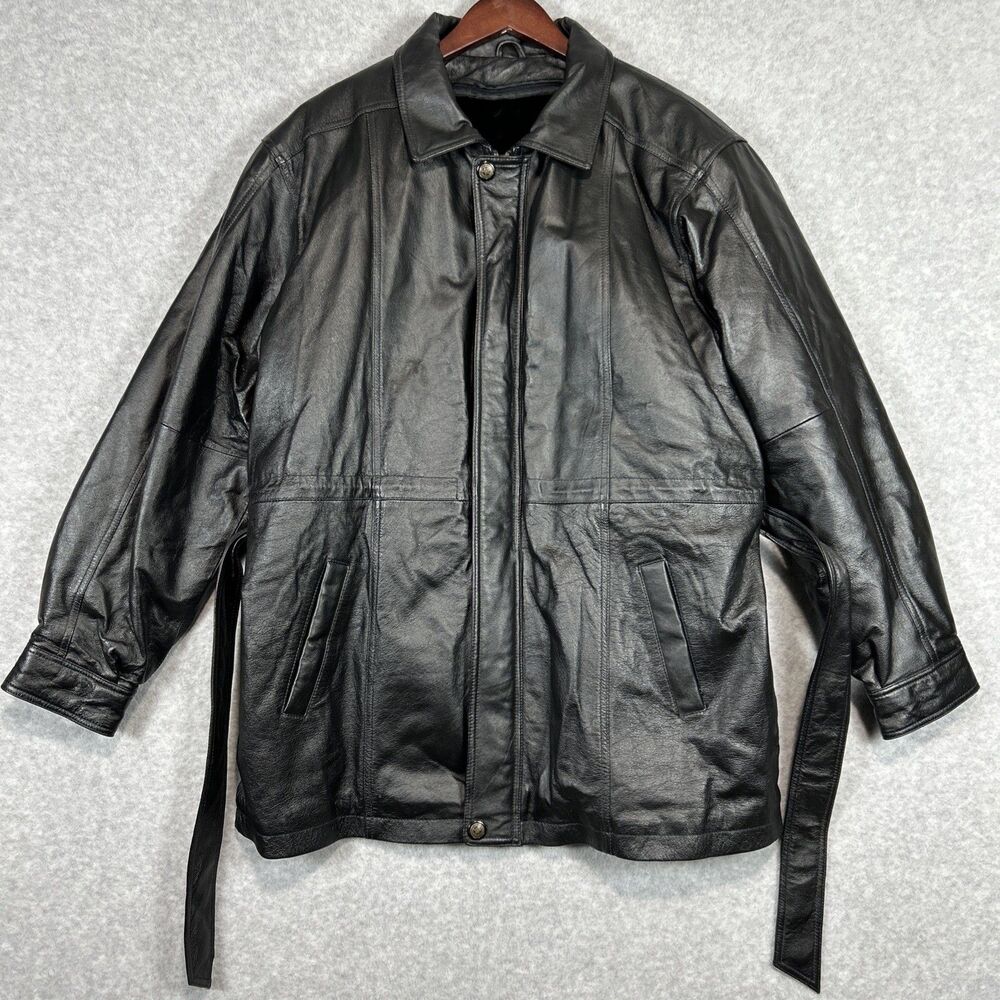 VTG Carlo Bertini Black Leather Trench Coat Jacket Men's L Faux Fur Lined Belted